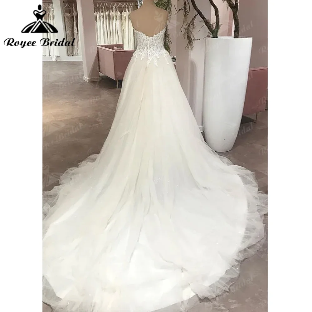 Large Size A-Line Sweetheart Backless Tulle Appliques Lace Wedding Dress Gorgeous Appliques Court Train  V-neck robe de mariage