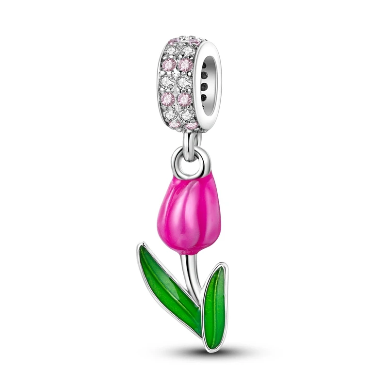 

925 Sterling Silver Charms Bead CZ Zircon Pink Tulip Dangle Fit Original Bracelet DIY Women Jewelry