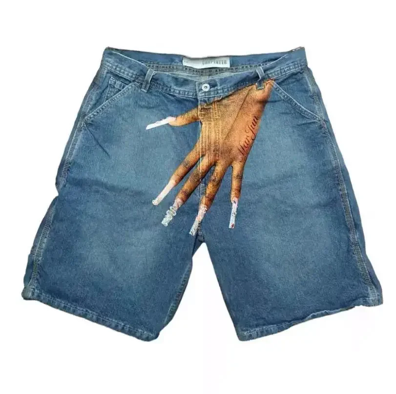

2024 European and American Hip Hop Denim Shorts Y2K Personalized Printed Finger Blue Loose Shorts Basketball Shorts Street Wear
