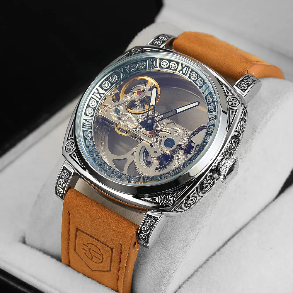 FORSINING Automatic Men Watch Mechanical Bridge Skeleton Transparent Luxury Vintage Cushion Case Suede Leather Male Dress Watch