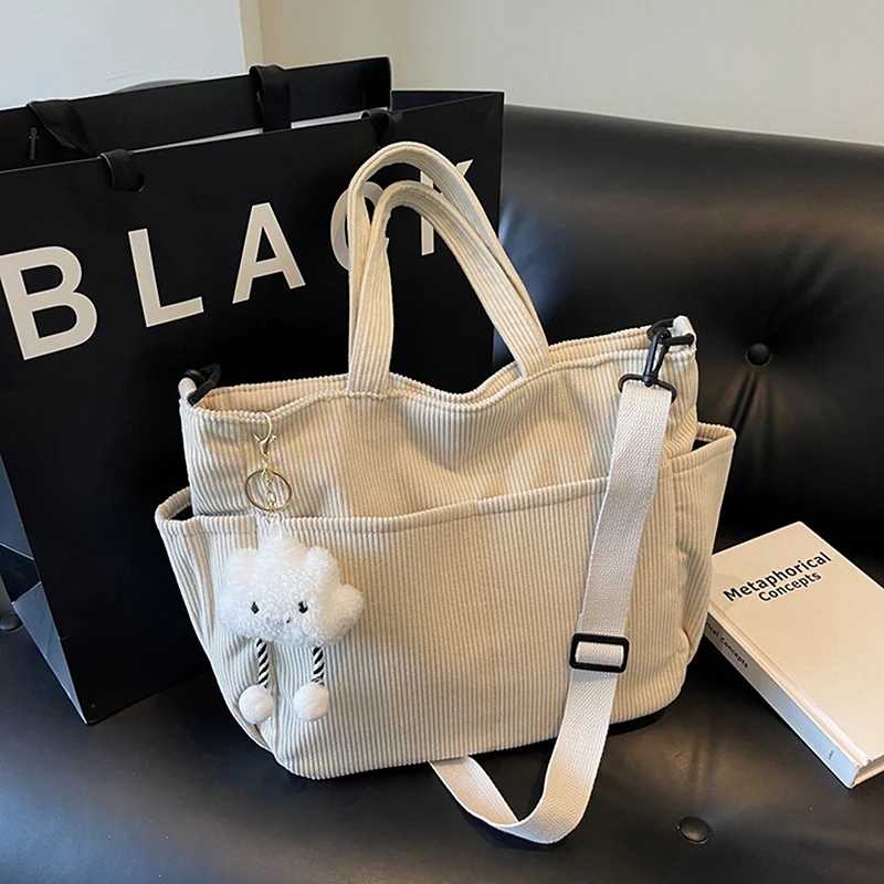 

Casual Corduroy Handbag with Zipper Closure Light and Large Capacity Fixed Shoulder Strap Solid Color Daily Commuter Handbag