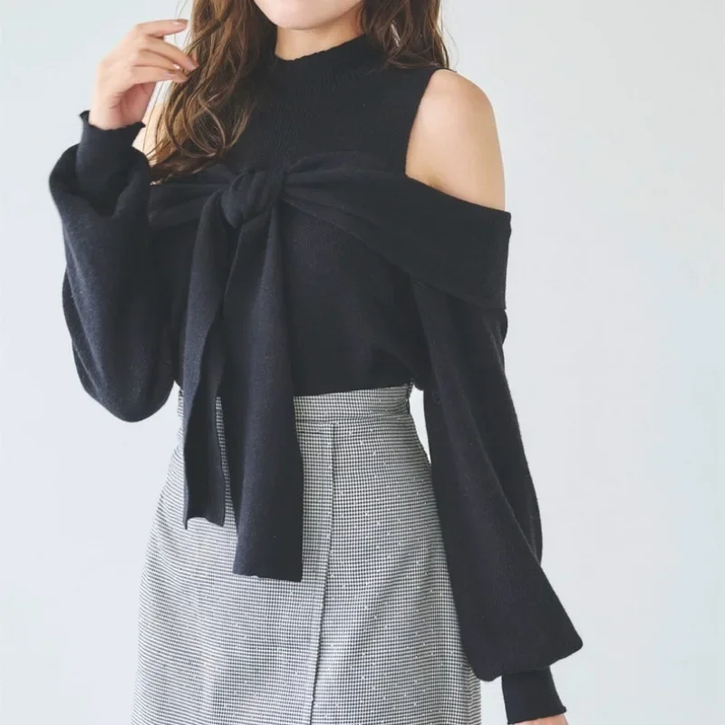 Kink Off Shoulder Long Sleeve Pullober Sweaters Japan Style Chic Elegant Half High Collar Pull Femme Jesień Zima 2024 Swetry