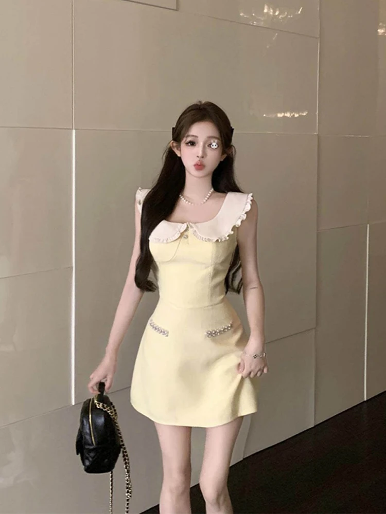 New Design Peter Pan Collar Elegant Solid One-Piece Sleeveless Off Shoulder Tie Party For Women A-line Dresses Office Lady