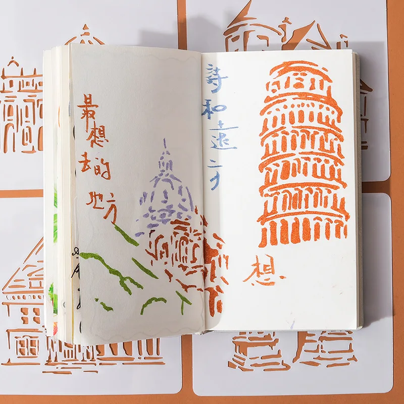 6pc Vintage Castle Stencil Set for Scrapbooking DIY Art Projects Templates Craft Drawing Tools Toys Kids Learning Education
