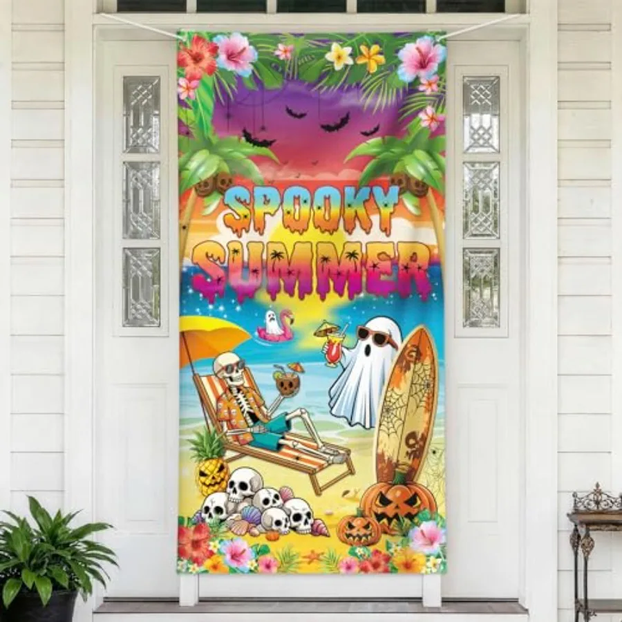 

Summer Halloween Door Cover Banner Funny Hawaiian Skeleton Novelty Photo Booth Props Door Backdrop Banner, Spooky Summer Pool B