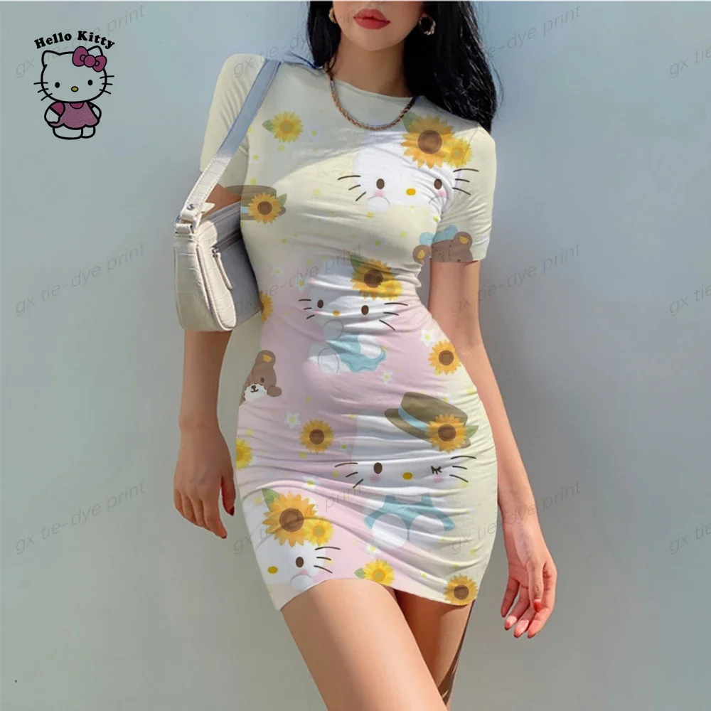 2024 Nieuwe Zomer Dames Ronde Hals Korte Mouw Bodycon Slanke Jurk Jurken Hello Kitty Digital Print Sexy Tas Heupjurk