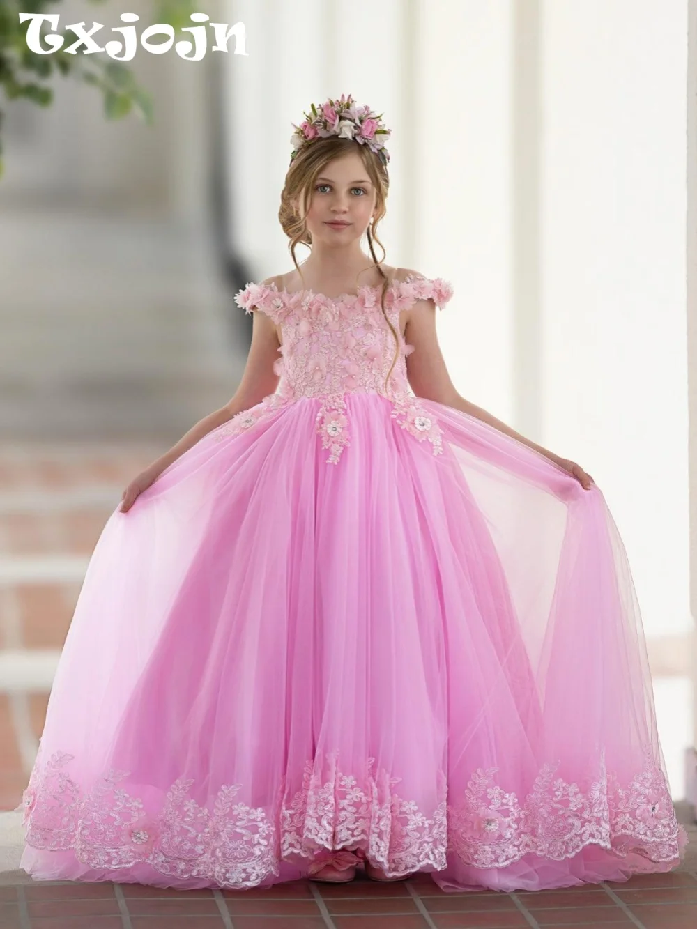Flower Girls Dresses For Wedding Delicate Elegant 3D Floral Kids Princess Gown For Party Lace Off Shoulder A-line Long Gowns