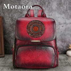 MOTAORA Retro Leather Women's Backpack New Travel Fashion Embossed Handbag Chinese Style Large Capacity Schoolbag Female Purse