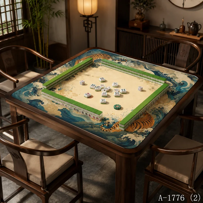 VIKAMA Vintage Ukiyo-e Tiger Wave Mahjong Mat Silent Non Slip Foldable Square Game Pad Oriental Chinoiserie Desktop Decor