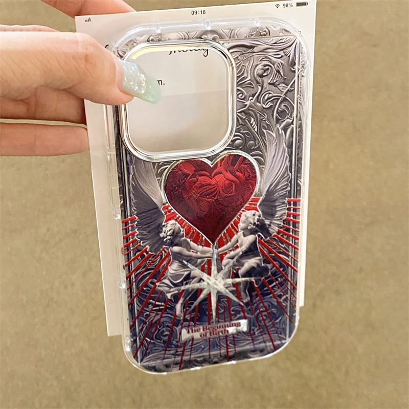 Retro Art Myth Cupid Angel Phone Case For iPhone 15 14 13 Pro Max Aesthetics Heart Creative Shockproof Back Cover Funda Shell