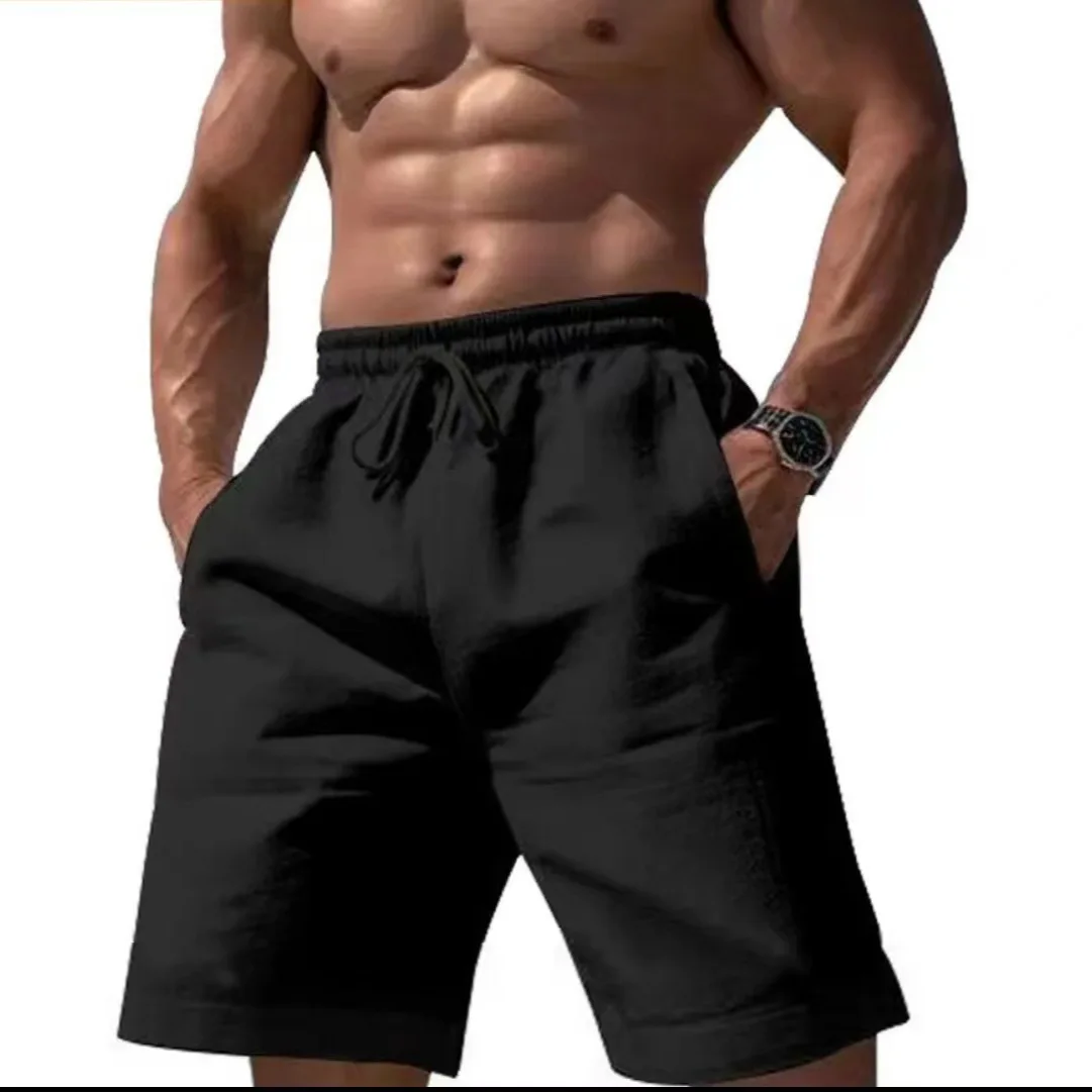 Cotton aAnd Linen Shorts pant Drawstring Elastic Waist Straight Legs Solid Color Breathable Daily Beach Five-point Casual pant