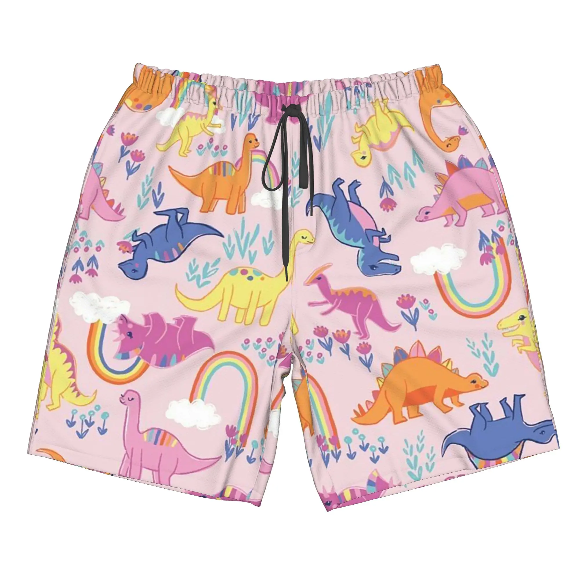 Cartoon Dinosaur And Rainbow Pattern Trunks Beach Board Shorts Casual Quick Dry Swim Summer Men Pants