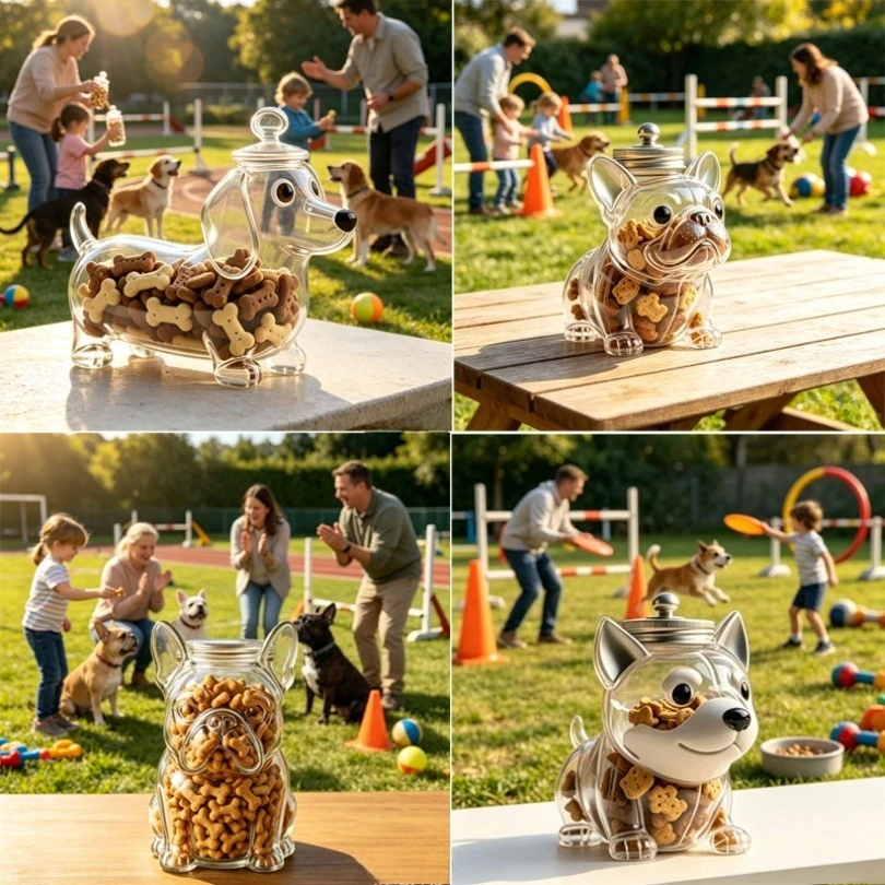 350ML Dog Shape Glass Treat Jar Airtight Metal Lid Pet Food Storage Container Clear Glass Canister for Dog Biscuits Snacks Home