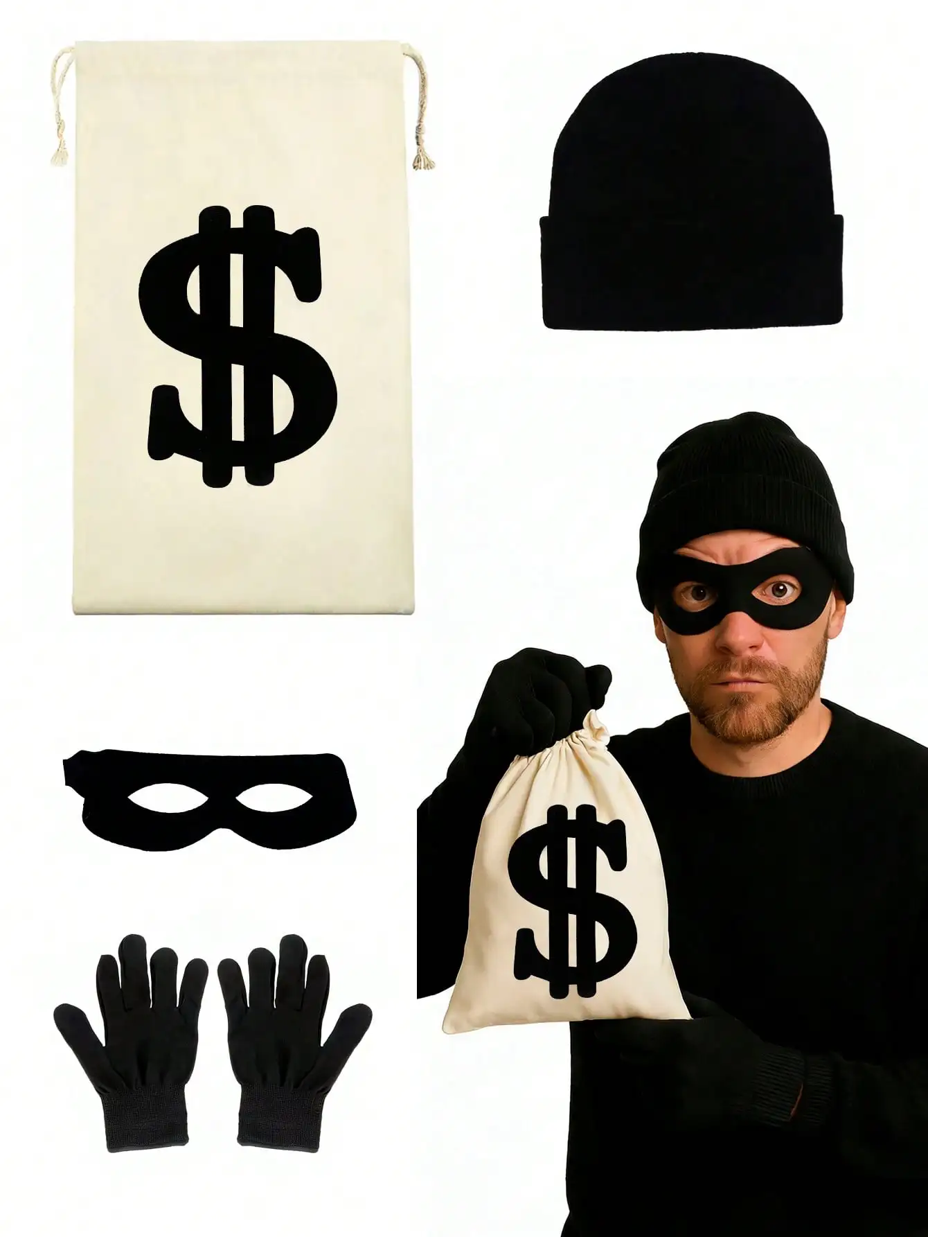 4Pcs Rogue Set: Dollar Money Bag, Gloves, Mask, and Hat Cosplay Treasure Hunter Costume Halloween Party Role-Playing Party Prank Props