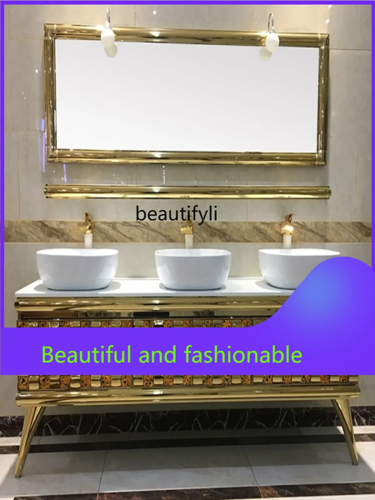 xqGolden Bathroom Cabinet Combination Stainless Steel European Hotel Villa Bathroom Cabinet   Wash Inter-Platform Basin