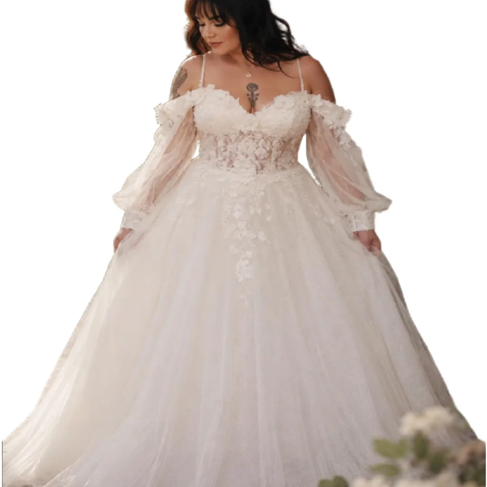 Plus Size Off Shoulder Wedding Dress Puff Sleeves A Line Tulle Lace Curvy Women Bride Dresses 2026 Corset Lace Up Country Rustic