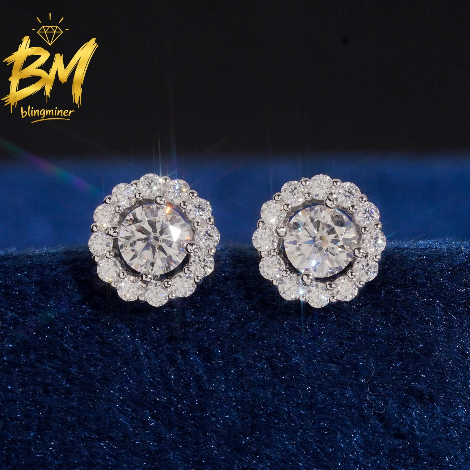 Blingminer Iced Out Round VVS Moissanite Earrings For Men Women S925 Silver Ear Studs Jewelry Pass Diamonds Tester Free Shipping