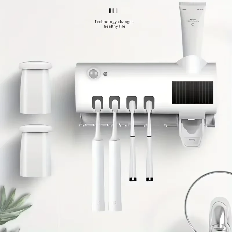 1PC-Intelligent Toothbrush Sterilizer Set, Wall Mount And Automatic Toothpaste Squeezing Device To Keep Toothbrushes Clean.