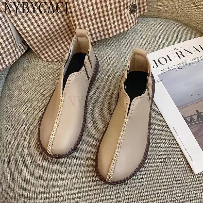Spring and Fall Genuine Leather Ankle Boots Handmade Lady Soft Flat Shoes Comfortable Casual Moccasins Fashion Vulcanized Shoe