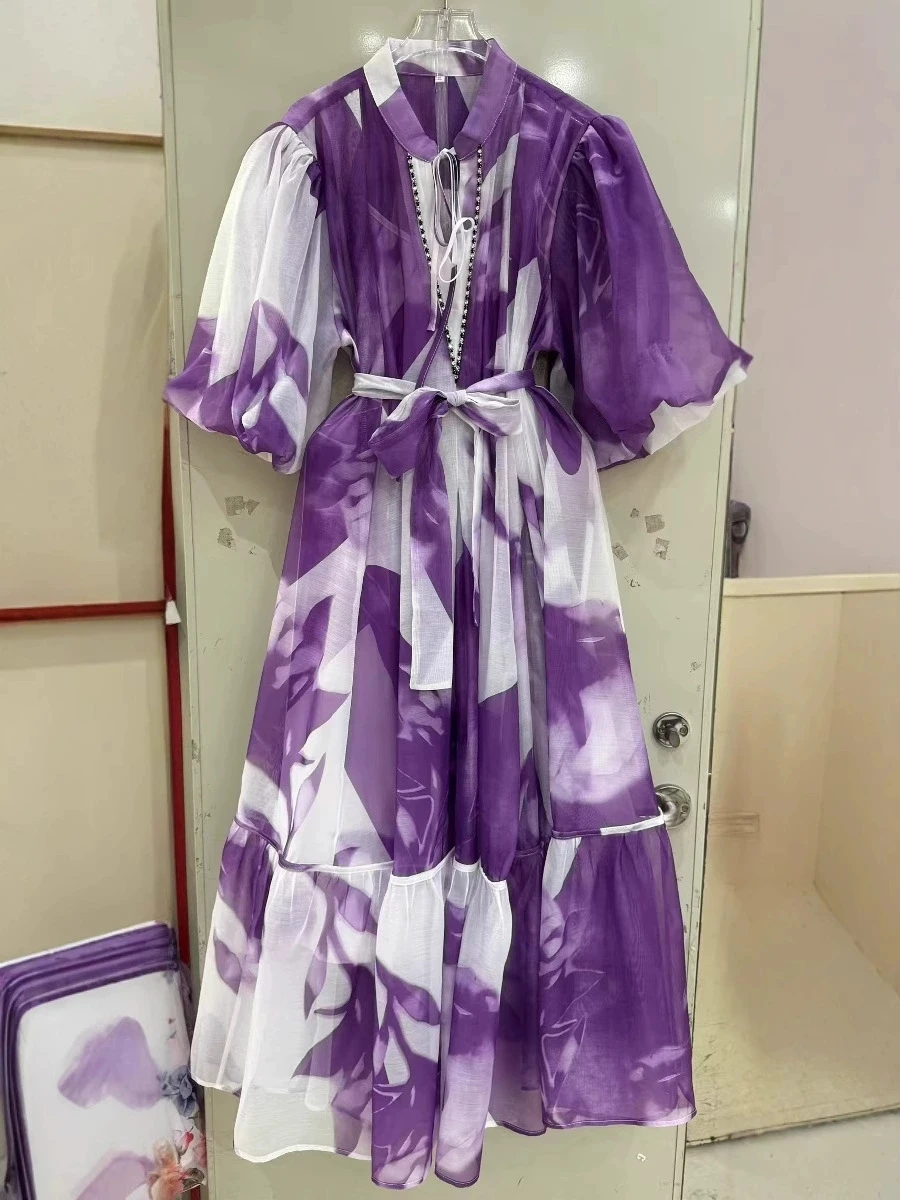 

2025 Australian French retro loose maxi dress with large puff sleeves and belted printed v-neck-GZDL142