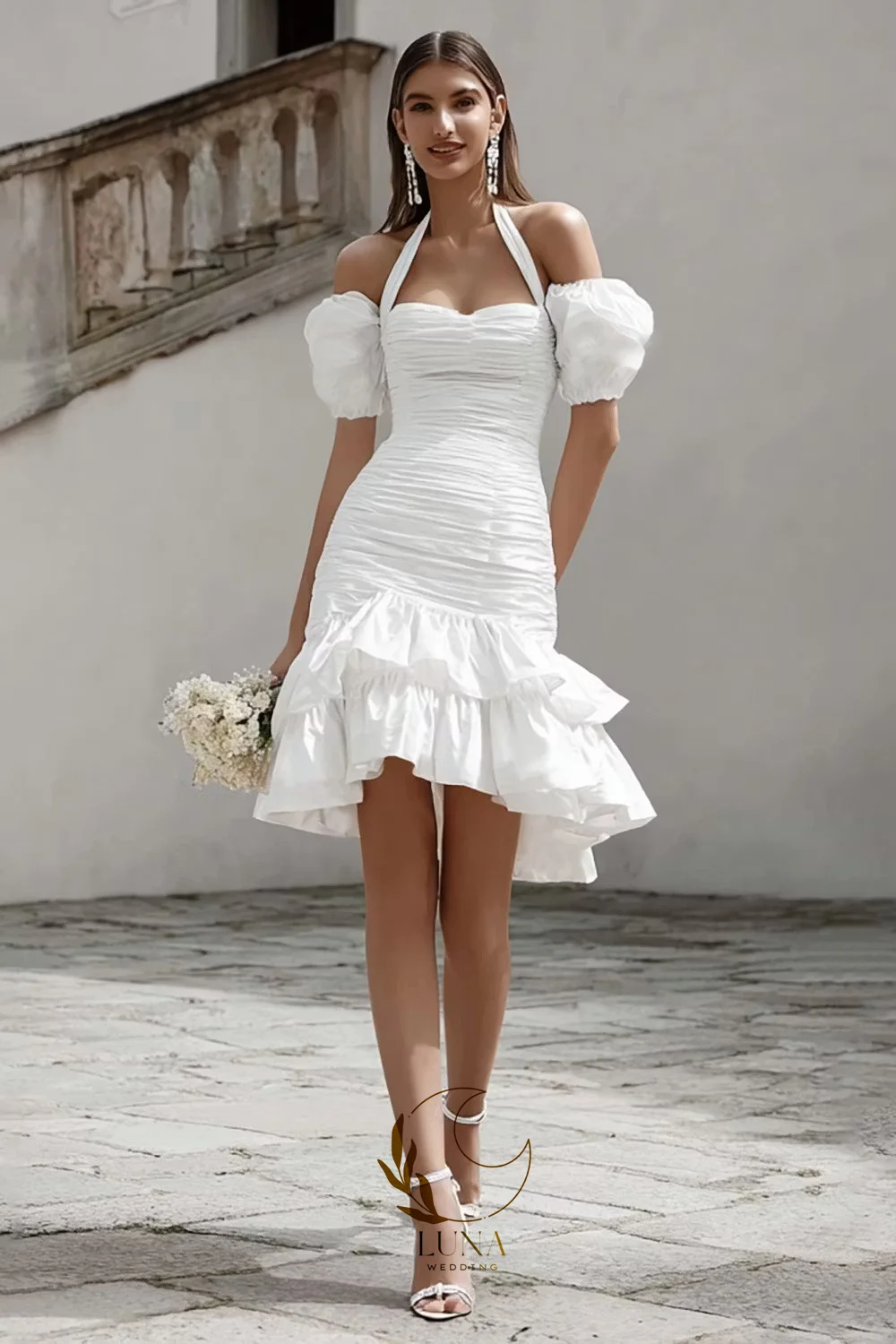 Luna Ivory Bodycon Tiered Short Bridal Shower Dress with Ruffles Customized Halter Puff Sleeves Mini Bridal Engagement Gown