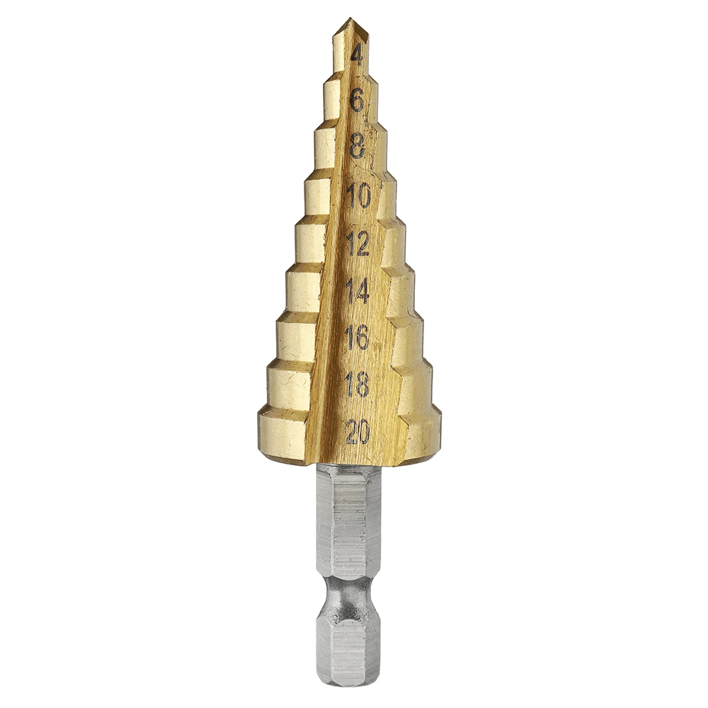 Drillpro-HSS Titanium Coated Step Drill Bit, Aço de alta velocidade, Metal, Cortador de madeira, Cone Drilling Tool, 3Pcs, 3-12, 4-12, 4-20mm, PCes 3