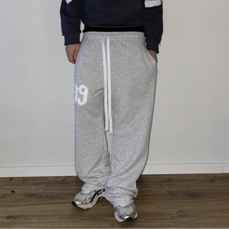 American retro high street college style 999 digital print black double waisted sports loose shorts long pants