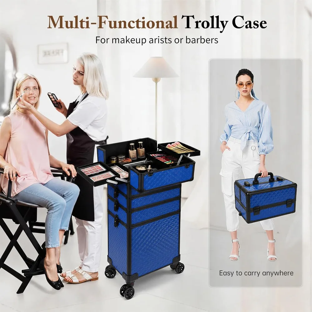 large makeup train case rolling on wheels, 5 in 1, organizer