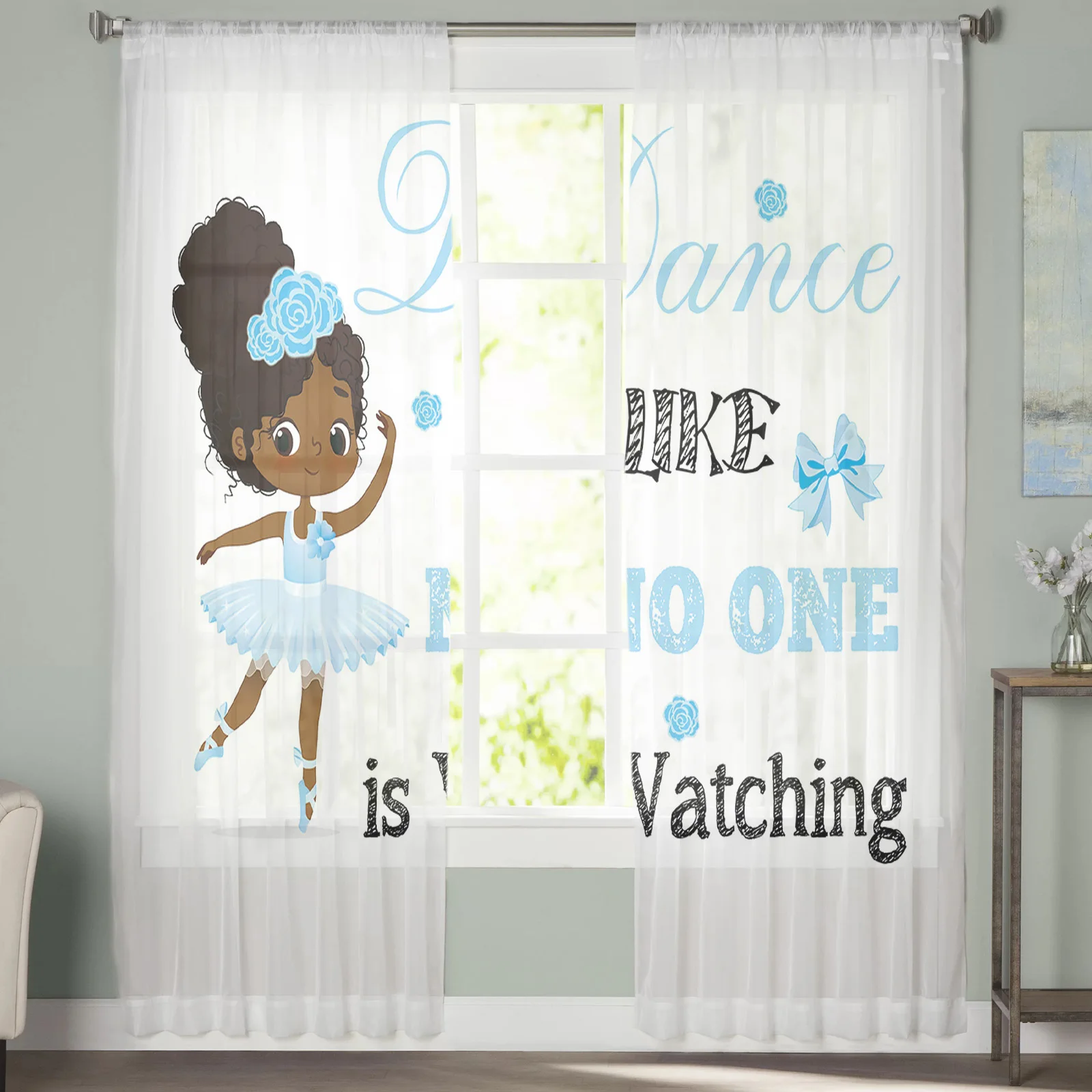 African American Ballet Inspirational Little Girl Tulle Curtains for Living Room Chiffon Voile Sheer Window Curtain for Bedroom