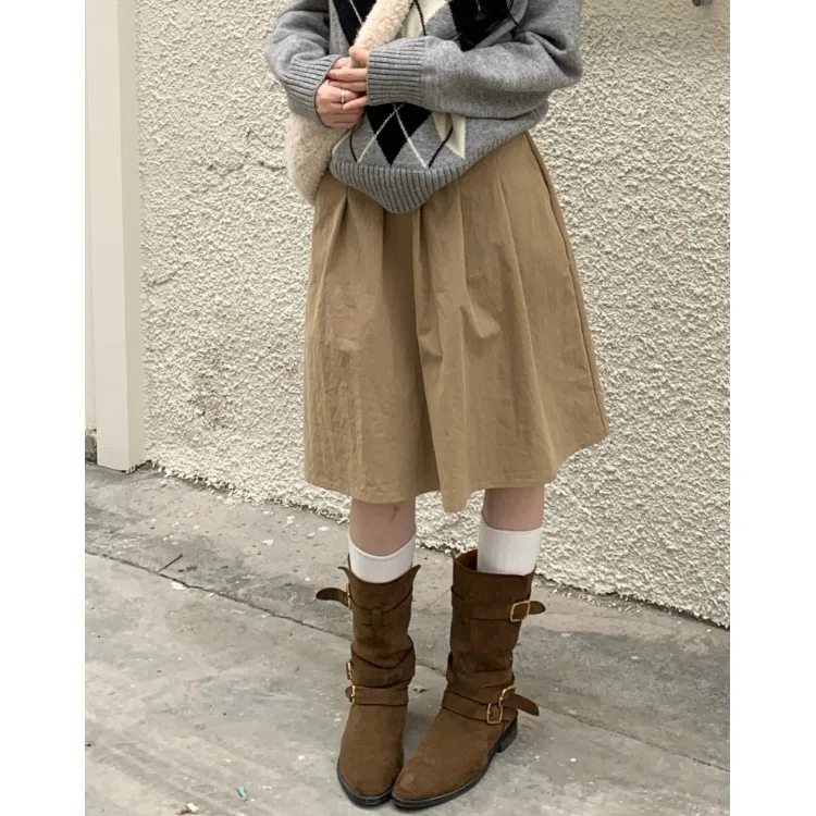 

Юбка миди с высокой талией в корейском стиле, элегантная, осенне-зимняя, простая, универсальная, повседневная, ретро, эластичная, плиссированная, для женщин