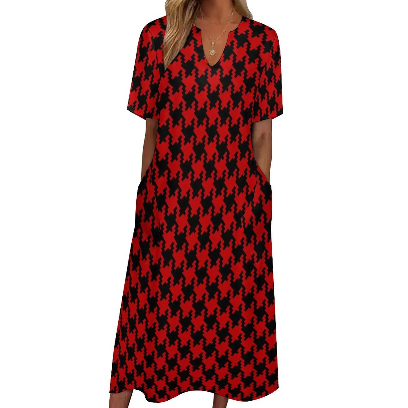 Nero rosso pied de poule Dress Summer Check Print Streetwear Boho Beach abiti lunghi donna Beach Maxi Dress regalo di compleanno