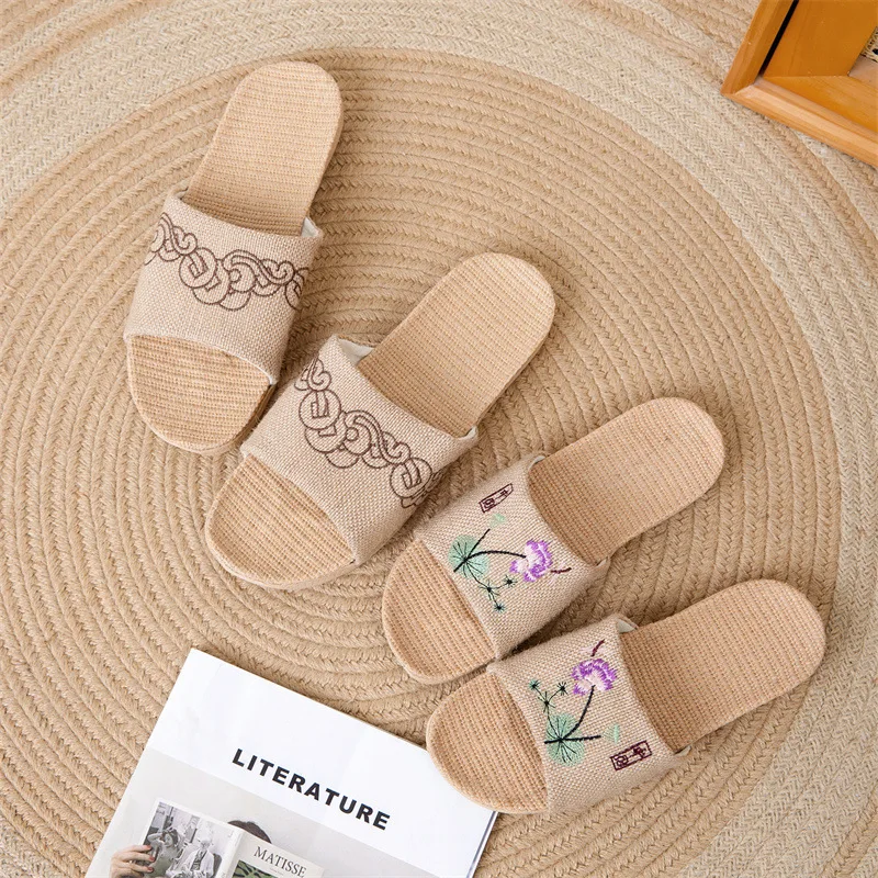 

Linen slippers for men at home, indoor for men in all seasons, sweat absorbing cotton and linen for women in spring and autumn