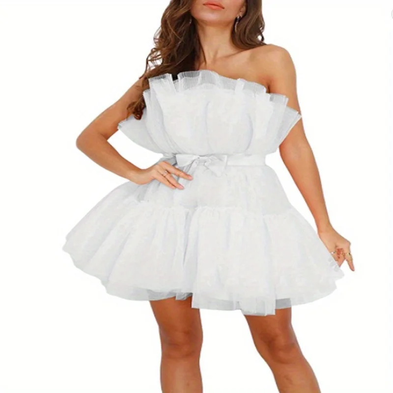 فستان صيفي نسائي بدون أكتاف شبكي بدون ظهر توتو لوليتا فستان مطوي للنساء بدون حمالات فستان كرة التاريخ سترة