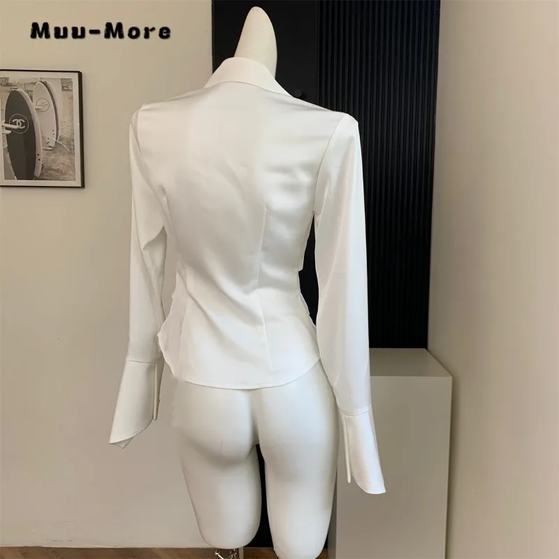 2023 Autumn Winter The New Hotsweet Lapel Slim Ruched  Single Breasted Blouse for Women High-end Trumpet Sleeve Shirt Tops