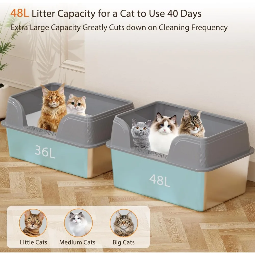 Extra grote roestvrijstalen kattenbak met deksel, hoge zijden voor grote katten of meerdere katten, XXL ruimtebesparend huisdieraccessoire