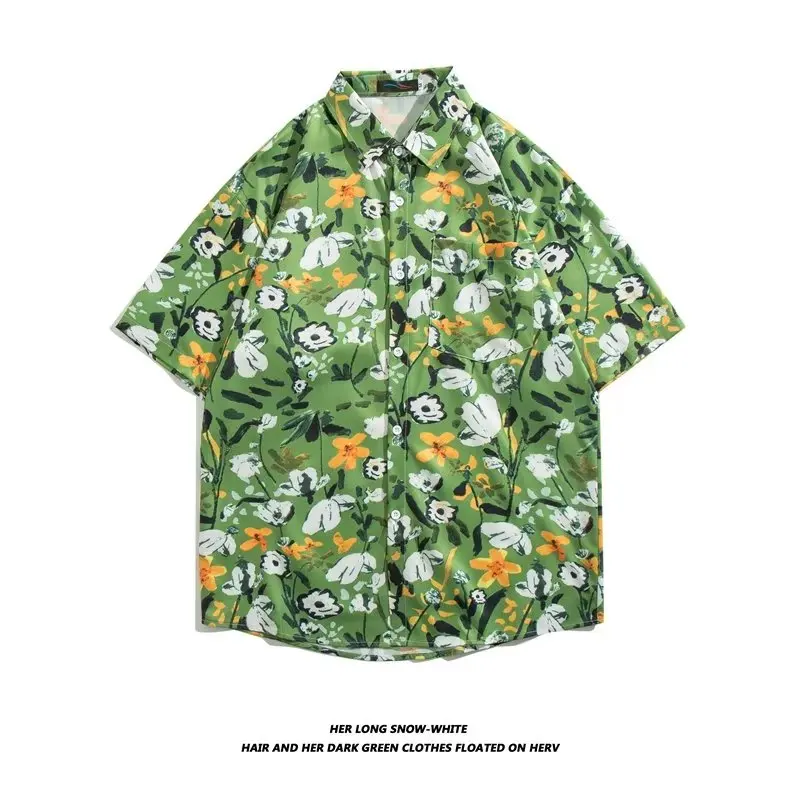 Verde rosa floral imprimir praia aloha camisas masculina 2023 verão casual manga curta camisa havaiana roupas de festa