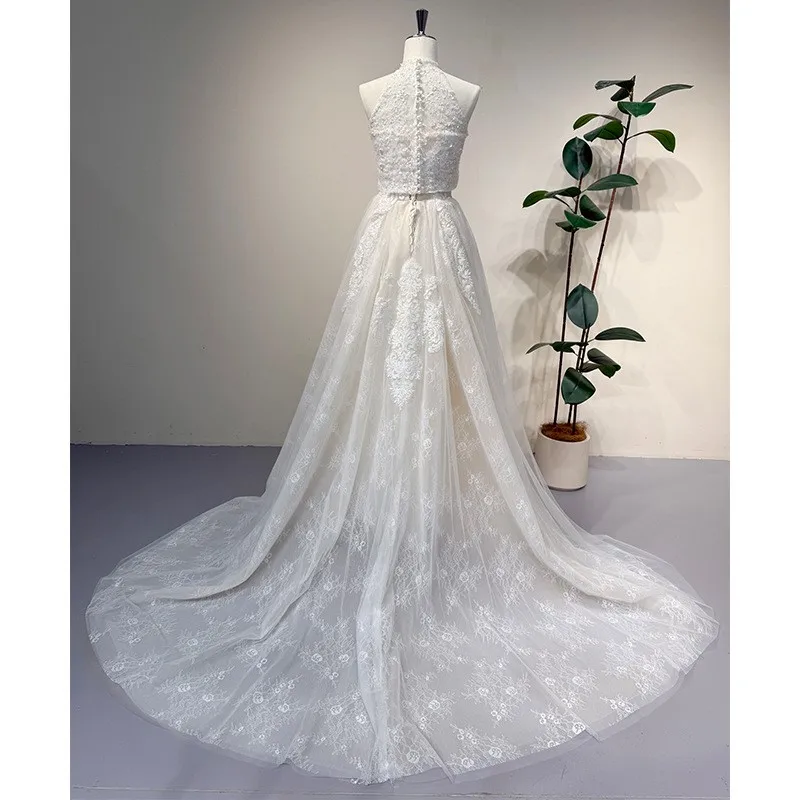 

A new style of strapless chiffon lace tailing welcome and exit elegant dress