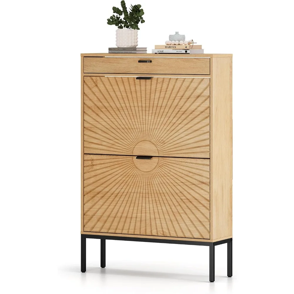 Freestanding Adjustable Shelf Shoe Organizer Cabinet with Flip Half Moon Doors