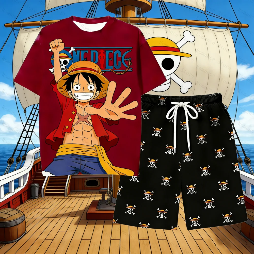 Conjunto de Pijama de One Piece Luffy para Niños, Ropa de Dormir con Diseño de Calavera de Anime, Camiseta de Manga Corta y Pantalones Cortos Suaves para Hombre y Mujer, Conjunto de Verano
