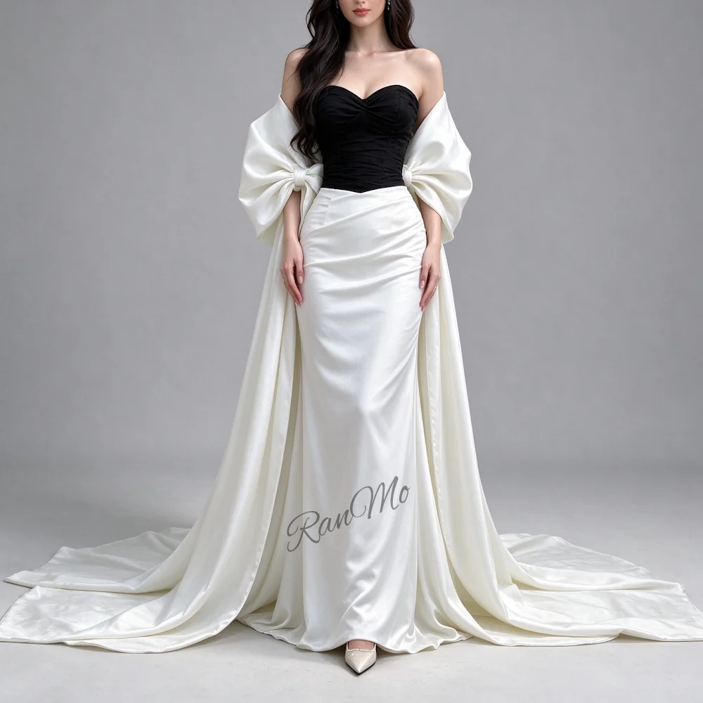 Customizable RanMo High Quality Black White Satin Cape Evening Gown Strapless Bow Back Train Formal Wedding Dress for Women