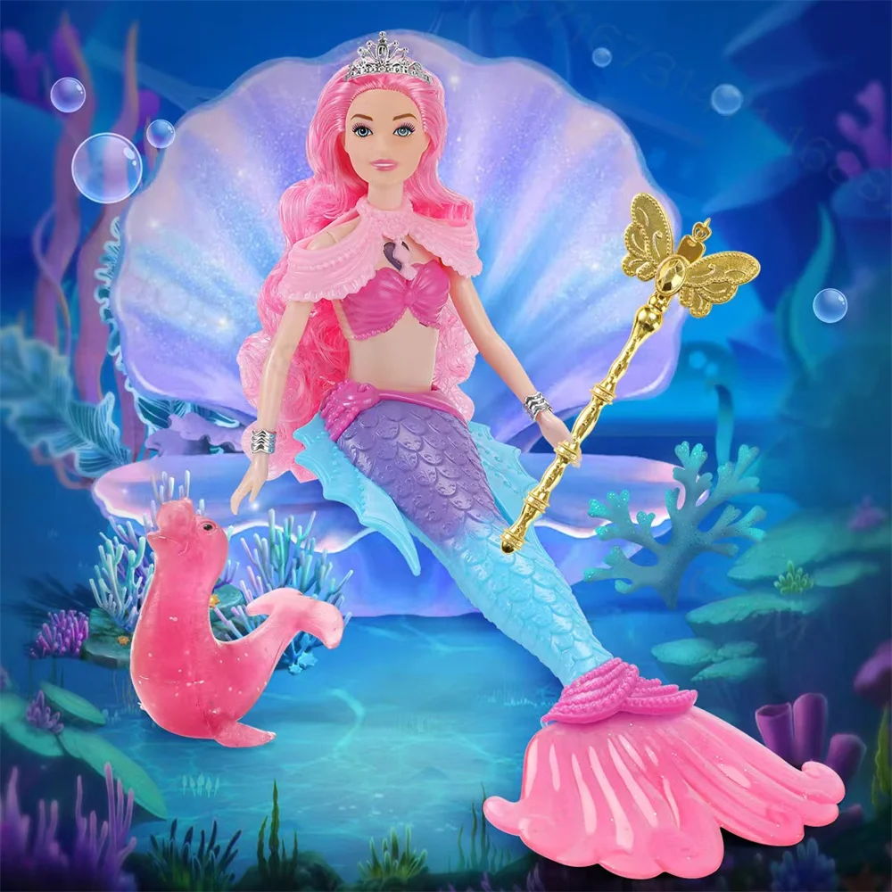 32cm New Set Mermaid Doll Girl Doll Toy Gift with Light and Music (Battery not included, self installed)