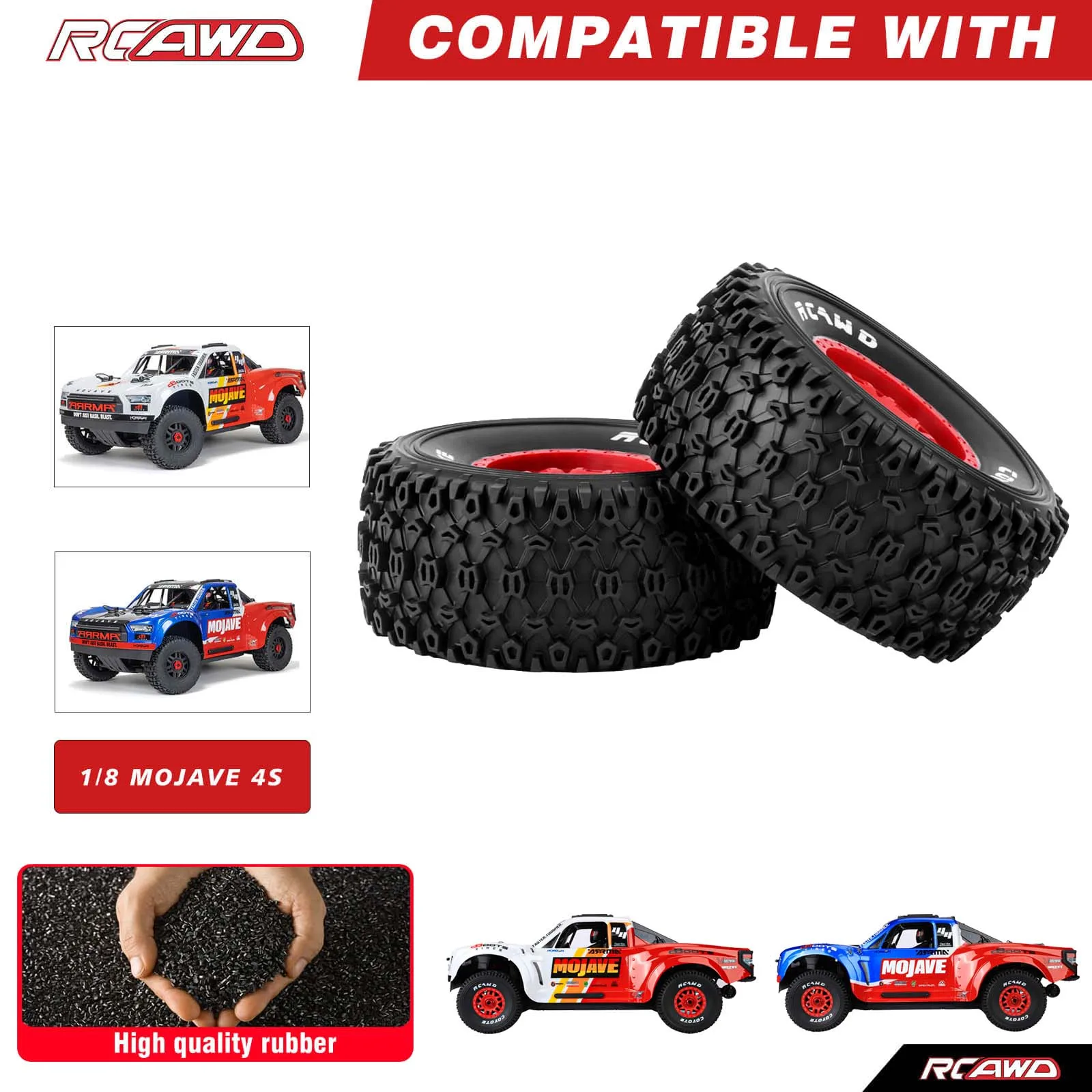 RCAWD 2Pcs Wheel Tires for 1/8 Arrma Mojave 4S ARA4404 ARA550110 Upgrade Part High Traction Durable Pre-Glued All Terrain Rubber
