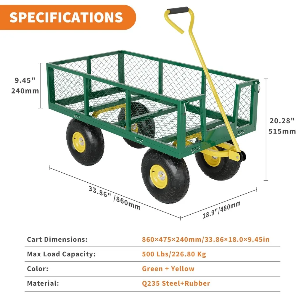 Heavy-Duty 500 Lbs Capacity Garden Cart with 10 Inch Tires, Removable Mesh Sides, 180° Rotation for All-Terrain Use