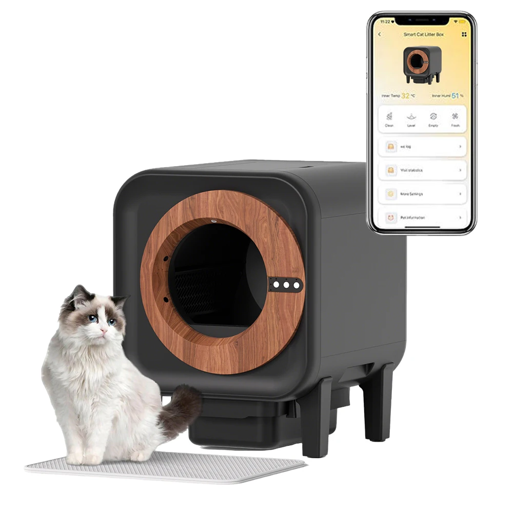 Wholesale Intelligent Cat Litter Box Wooden Design Automatic Cleaning Modern Pet Toilet OEM Custom Branding Support