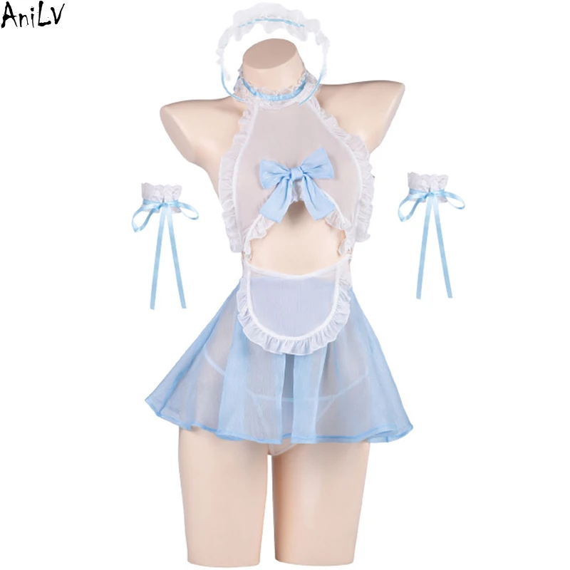 

AniLV Anime Lolita Girl Maid Uniform Sexy Lingerie Maidservant Perspective Yarn Halter Dress Secret Pajamas Erotic Costumes