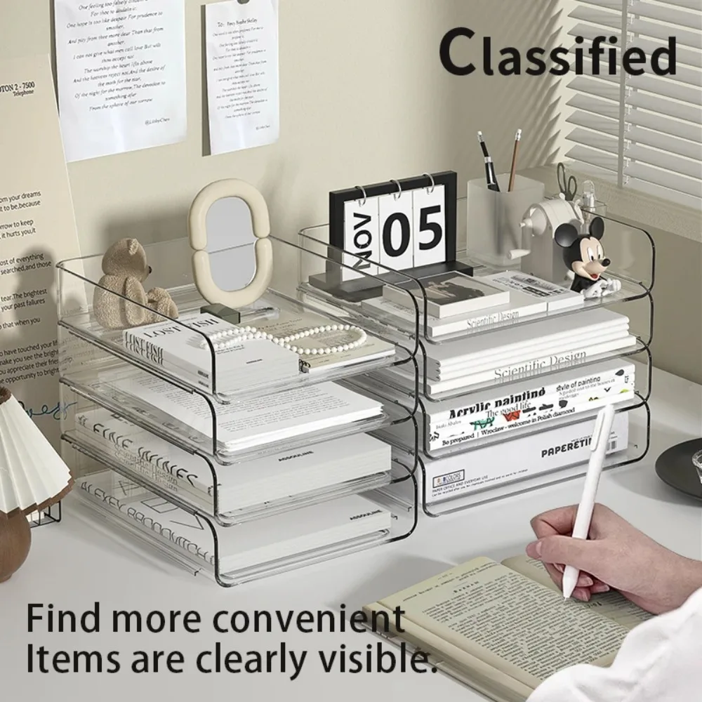 Desk Paper Storage Rack, Stackable Desktop Paper Storage Tray, Great for Office Supplies, A4 Storage Transparent 3/4-Tiers