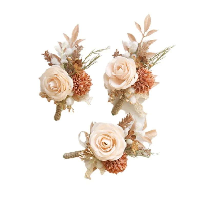 Bouquet de fleurs artificielles pour mariage, fleur boutonnière, champagne, fête d'affaires, ouverture, invité, corintersection, main, 2431