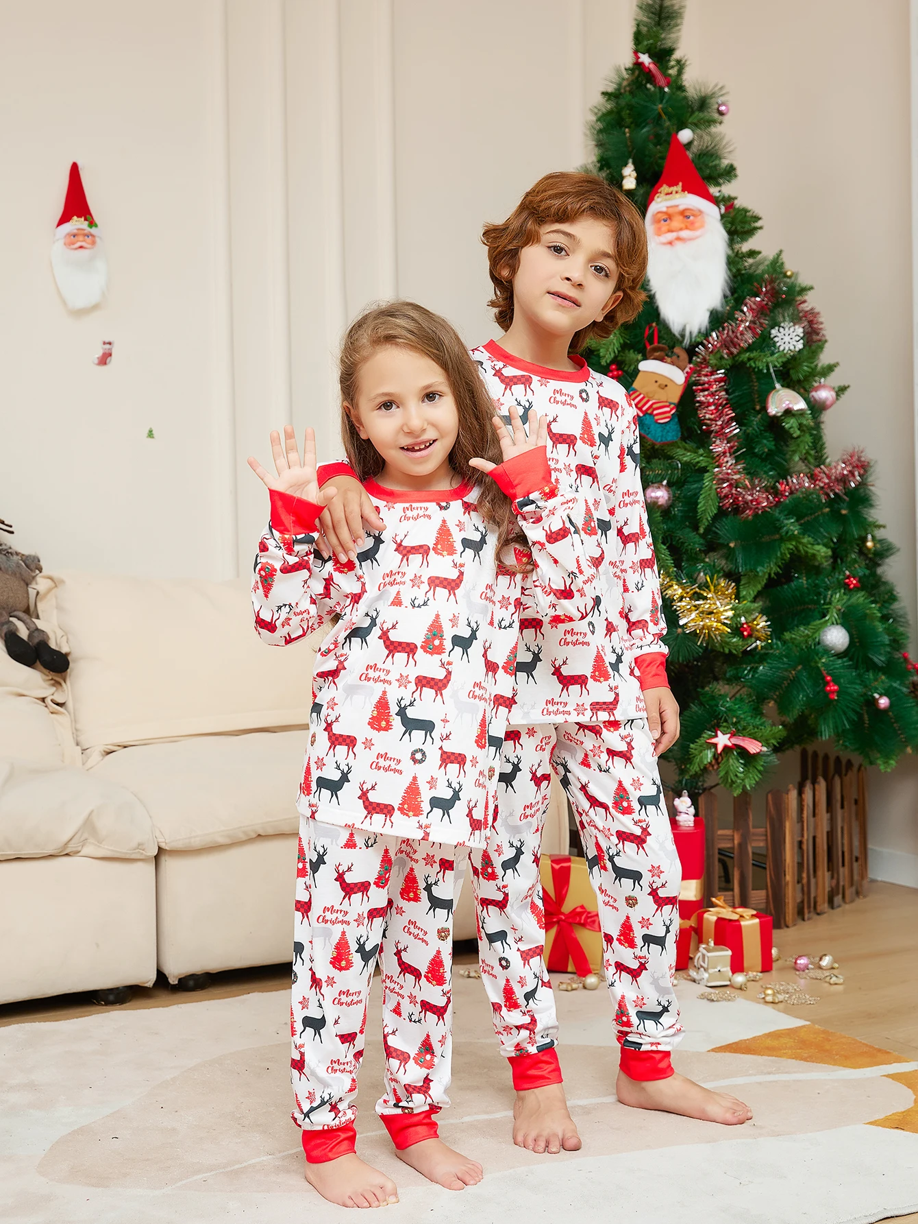 

Children's Christmas Pajama Set - Matching Red White All - Over Print Pajamas with Reindeer, Tree, “Merry Christmas”