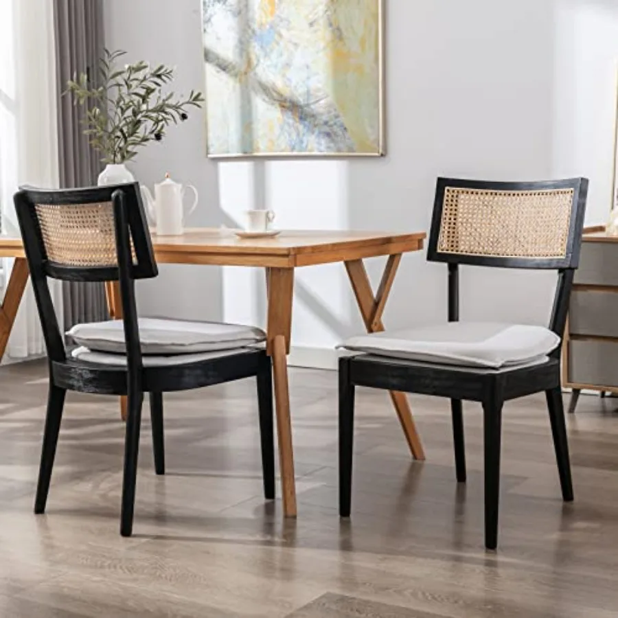 Rattan Dining Chairs Set of 2 Freh Country Cane Back Kitchen Chairs Upholstered Retro Comfy Chairs with Wood Legs for Dining Ro