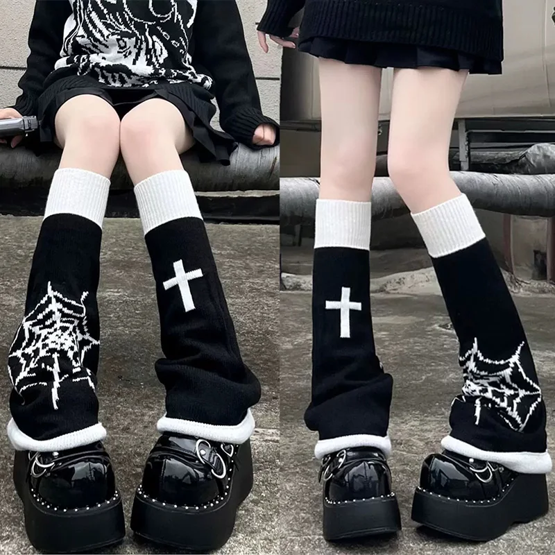 polainas-de-trico-estilo-anime-subcultura-y2k-punk-meias-pretas-de-trico-com-estampa-gotica-de-cruz-e-teia-de-aranha-para-halloween-coberturas-de-perna-de-ajuste-solto